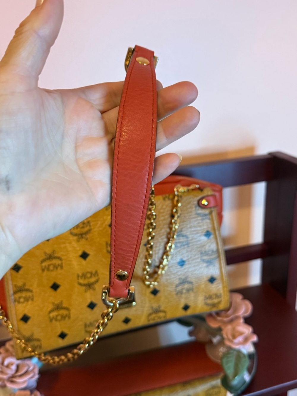 MCM Tan Visetos Monogram Crossbody with Coral Trim - Picture 5 of 14